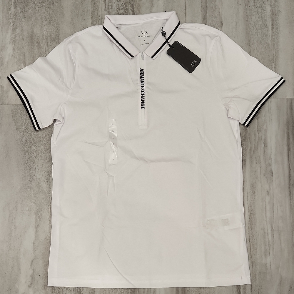 Armani Exchange Men's White Black Contrast Zip Polo Tee